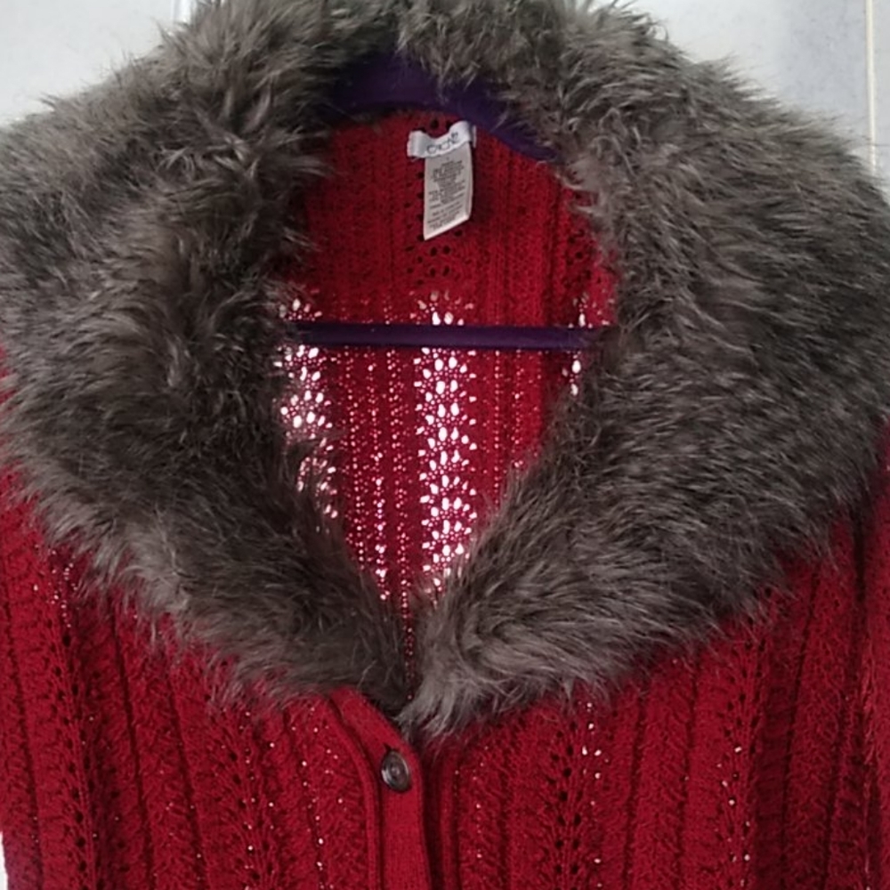 Cache Sweater Fur Red Burgandy Large Womans - Picture 5 of 10